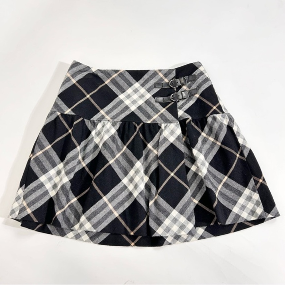 Burberry Blue Label Y2K Plaid Leather Tied Flare Mini Skirt